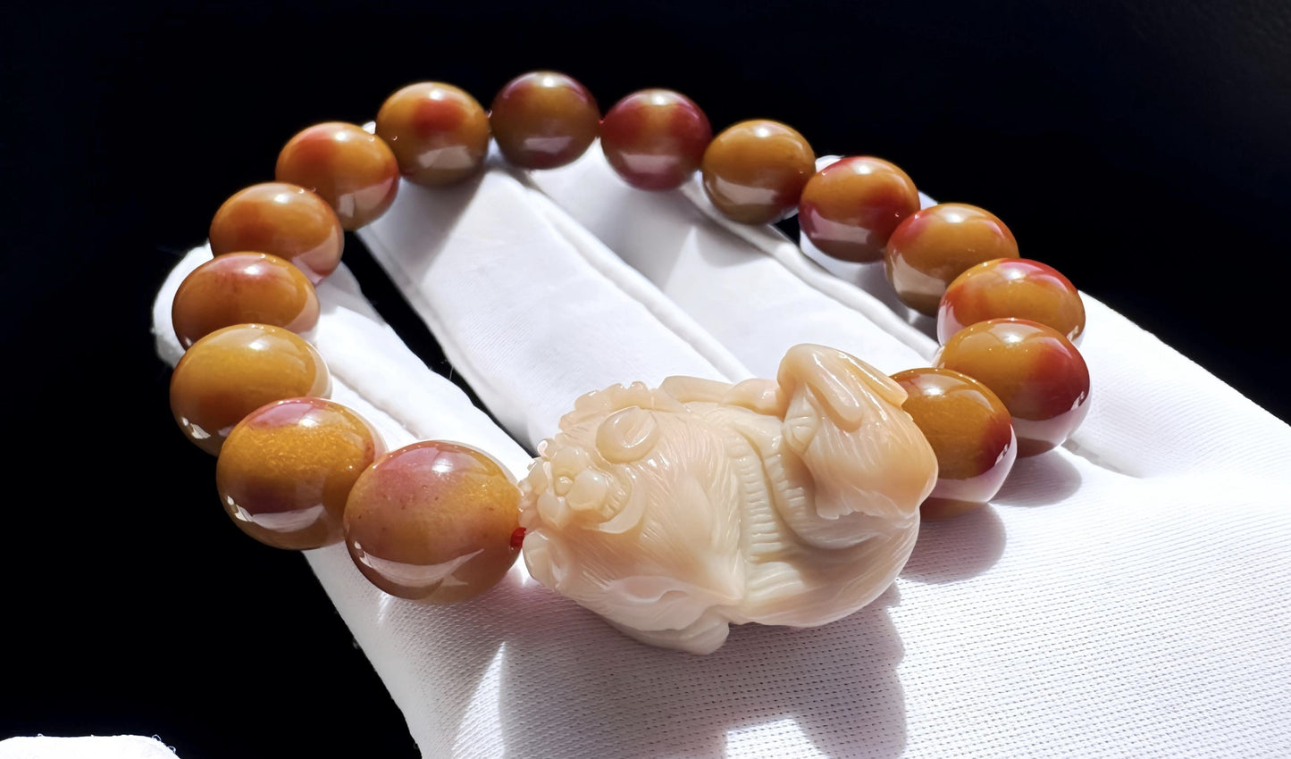 Natural Alashan Rock Beaded Bracelet with Hand Carved Alashan Nine Tailed Fox and Rabbit Charm, 天然老矿料阿拉善圆珠搭配手工精雕原矿阿拉善九尾狐