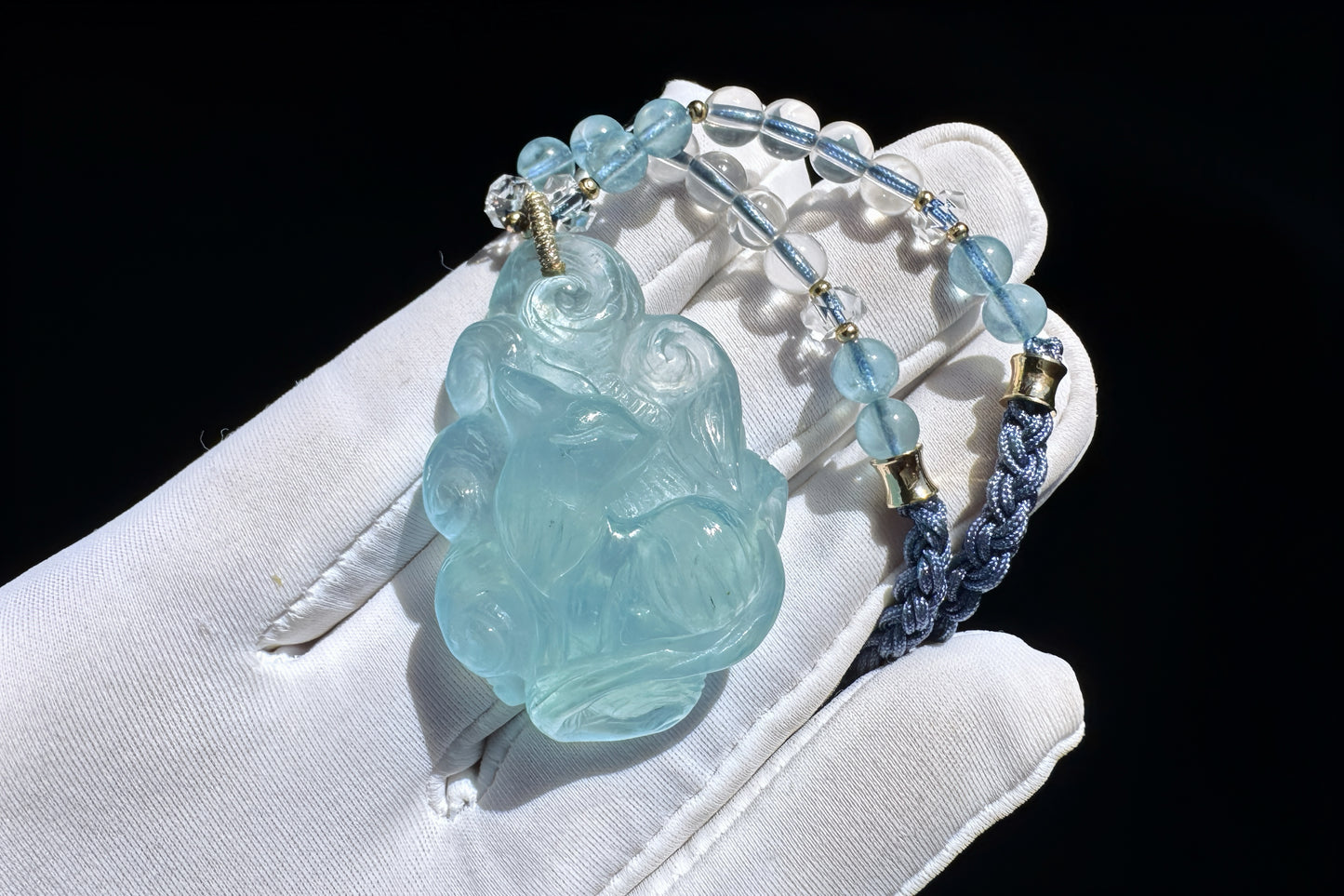 Natural High Grade Icy Aquamarine Nine Tailed Fox Pendant, Hand Carved Aquamarine, March Birthstone Fox Pendant, 天然精品海蓝宝手工精雕九尾狐吊坠