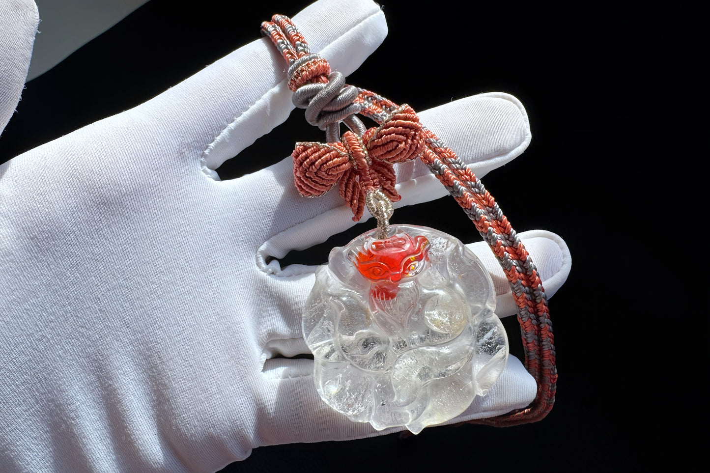 Natural Red Hematoid Quartz Hand Carved Nine Tailed Fox Pendant Necklace, Fire Quartz Pendant, 天然红胶花九尾狐牌