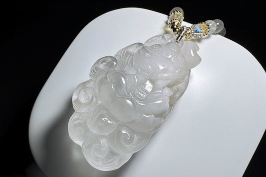 Large Natural White Rabbit Hair Quartz Hand Carved Nine Tailed Fox Pendant, High Grade White Rabbit Hair Necklace, 天然精品白兔毛手工精雕九尾狐吊坠