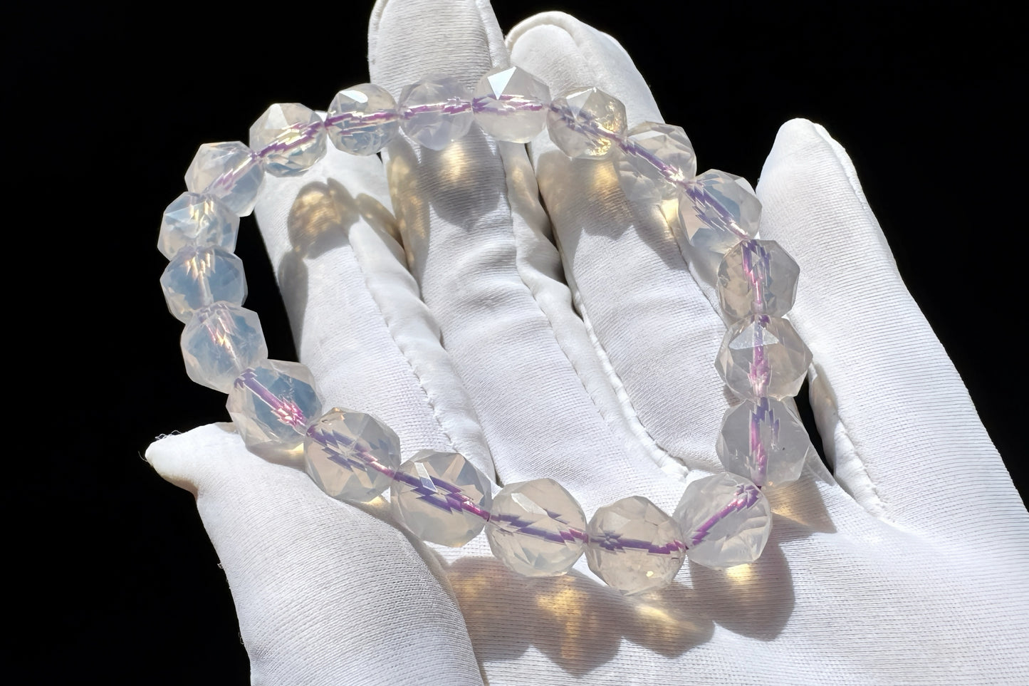 Natural Milky Lavender Moon Quartz Beaded Bracelet, Faceted Lavender Moon Quartz, 天然奶油体钻切切面紫玉晶手串