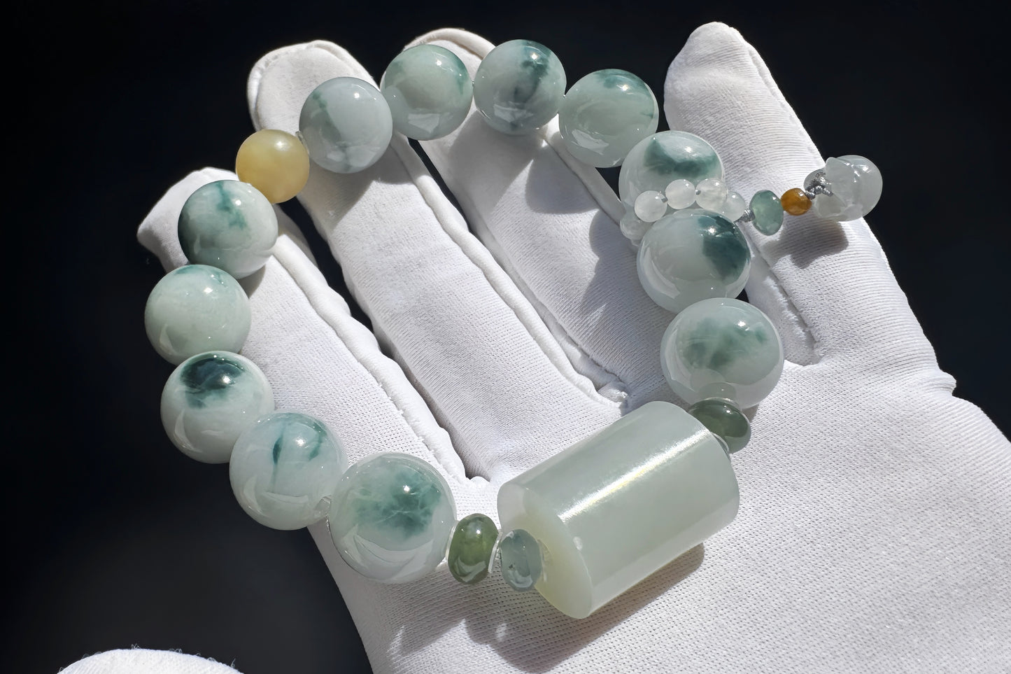 12mm Natural Grade A Jadeite Jade Bracelet with Blue Hetian Nephrite Jade Barrel, Blue Jadeite Jade with floating Blue flowers, 天然缅甸A货糯蓝底飘蓝花翡翠手串配糖玉