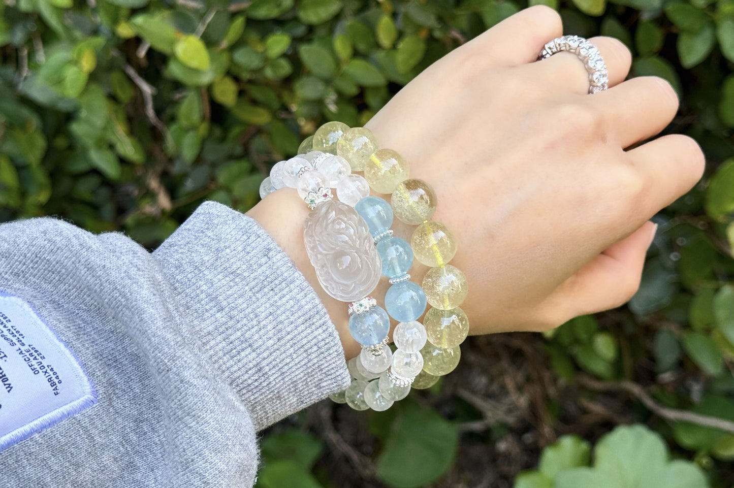 Rare Natural Blue Rabbit Hair Rutile Quartz Carved Nine Tailed Fox with Aquamarine and White Phantom Bracelet, 天然蓝兔毛九尾趴趴狐海蓝宝白幽灵手串