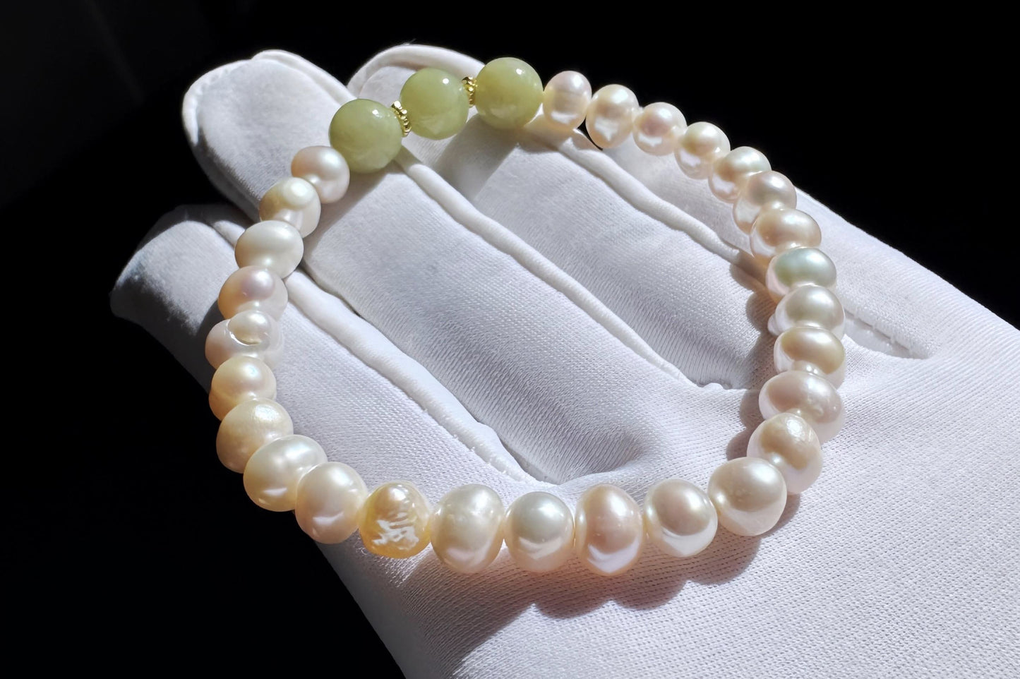 Natural Green Nephrite Jade with Freshwater Pearl Beaded Bracelet, Pearl Bracelet, 天然淡水珍珠搭配玉圆珠手串