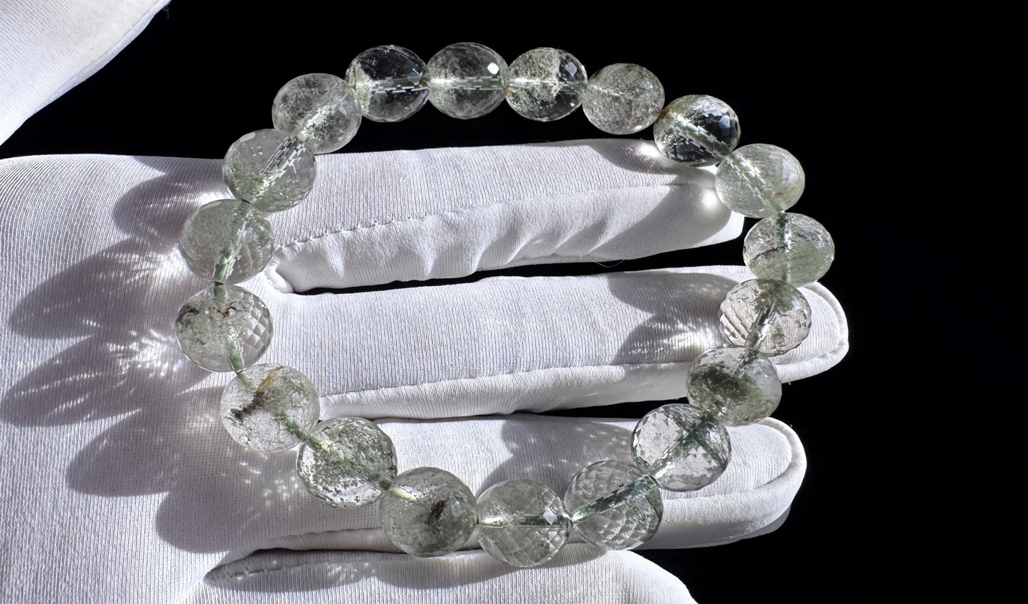 Natural Brazilian Green Phantom Quartz Beaded Bracelet, Natural Green Phantom Crystal Faceted Beads, 天然巴西满天星绿幽灵水晶刻面珠手串