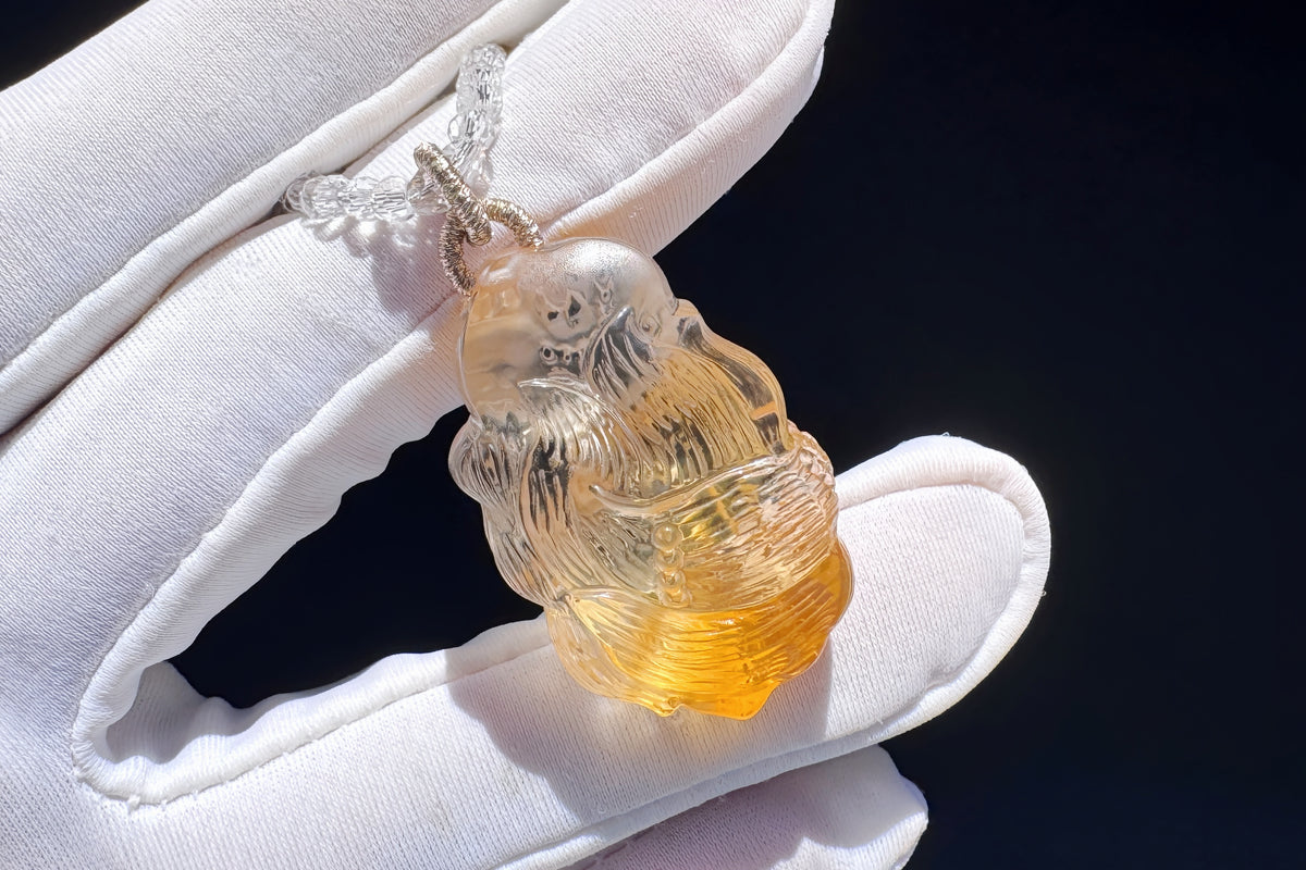 Natural Brazilian Citrine Hand Carved Nine Tailed Fox Pendant, Hand-Carved Golden Citrine Glow • Intricate Hand-Carved Artistry Necklace