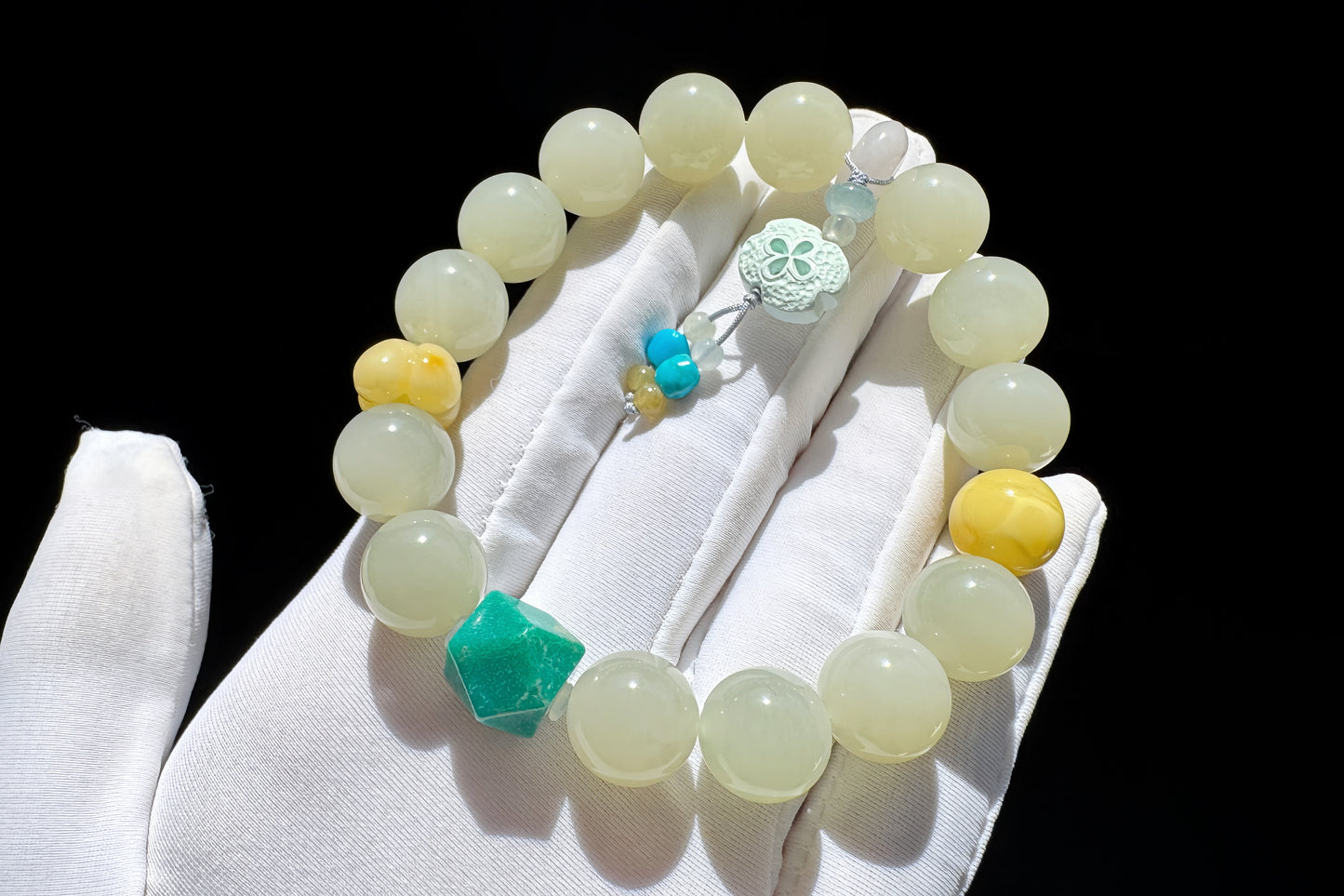 Natural Nephrite Bracelet with Faceted Turquoise, High Grade Nephrite Jade Bracet, Designer Jade Bracelet, 天然奶油晴白和田玉配松石蜜蜡