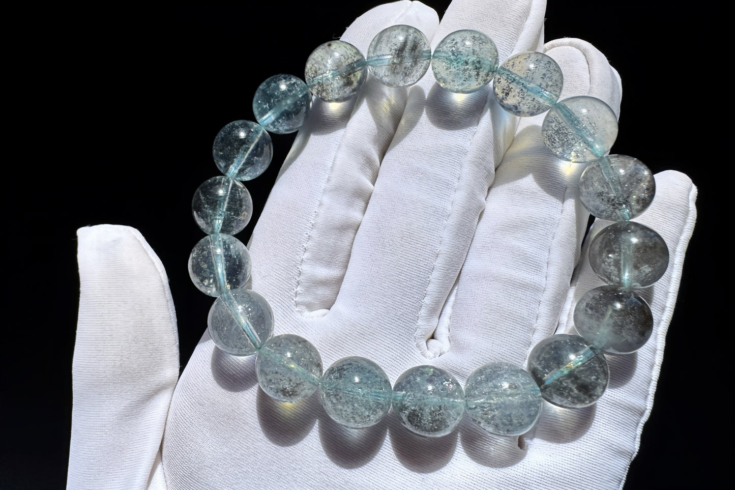 11mm Natural Aquamarine with Black Mica Inclusions Beaded Bracelet, Shiny Aquamarine Bracelet, March Birthstone, 海蓝宝带黑云母共生手串