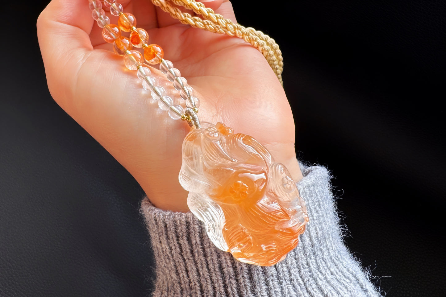 Hand Carved Rabbit Hair Quartz Fox Necklace, Natural Orange Rabbit Hair Quartz Hand Carved Nine Tailed Fox Pendant, 天然橘色兔毛水晶手工精雕九尾狐吊坠