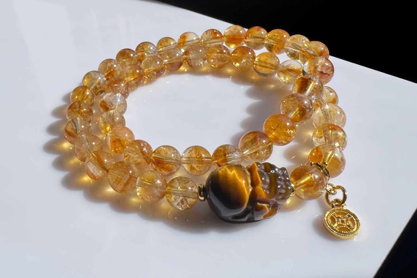 Natural Citrine Bracelet with Tiger’s Eye PiXiu Charm, Untreated Citrine Beads, 天然黄水晶双圈手串配虎眼貔貅