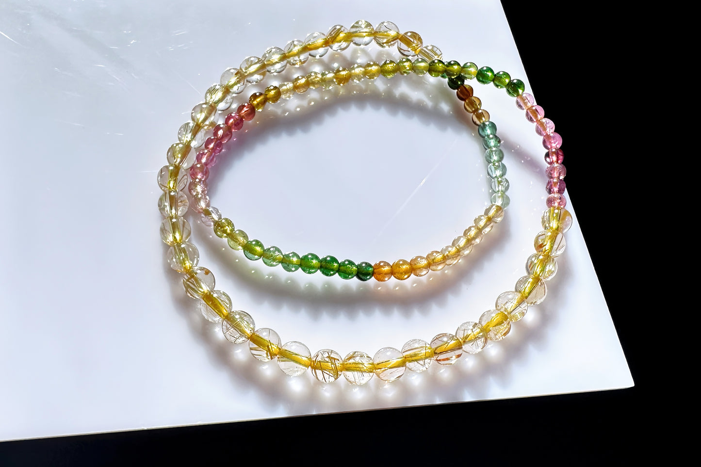 Natural Golden Rutile Quartz Beaded Bracelet with Rainbow Tourmaline, Tourmaline and Gold Rutilated Quartz Bracelet, 天然金发晶配天然碧玺双圈手串