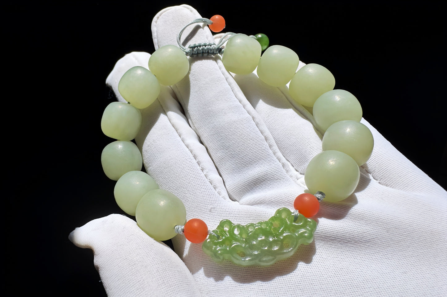 Natural Milky Blue Hetian Nephrite Beaded Bracelet with Green Nephrite Hand Carved Charm, Nephrite Jade Bracelet, 天然奶蓝色和田玉手串搭配碧玉手工雕刻回纹扣
