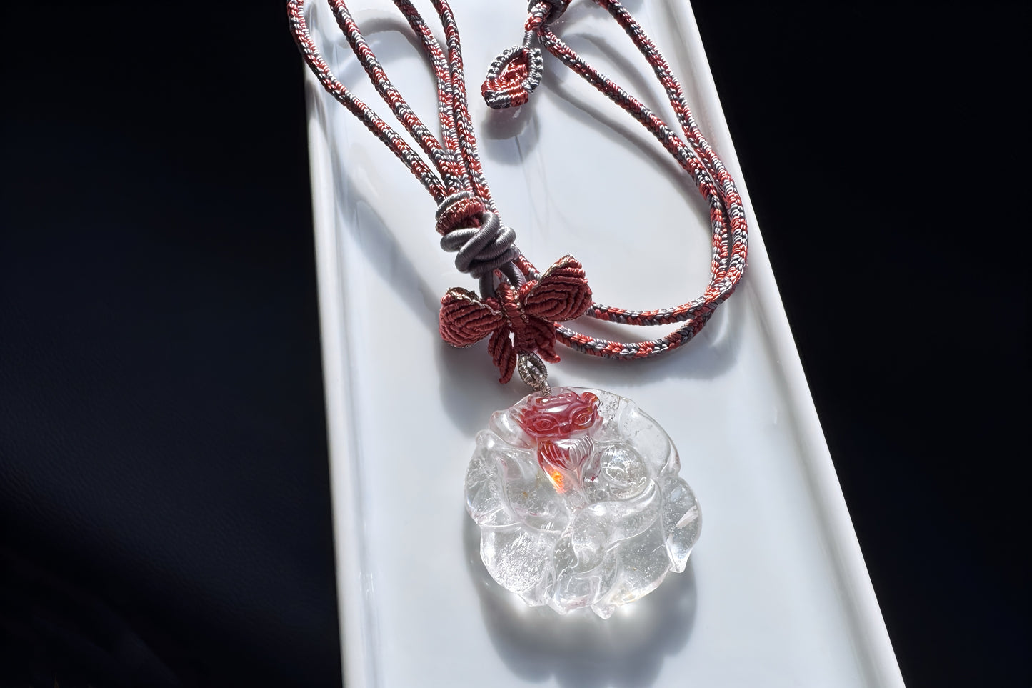 Natural Red Hematoid Quartz Hand Carved Nine Tailed Fox Pendant Necklace, Fire Quartz Pendant, 天然红胶花九尾狐牌