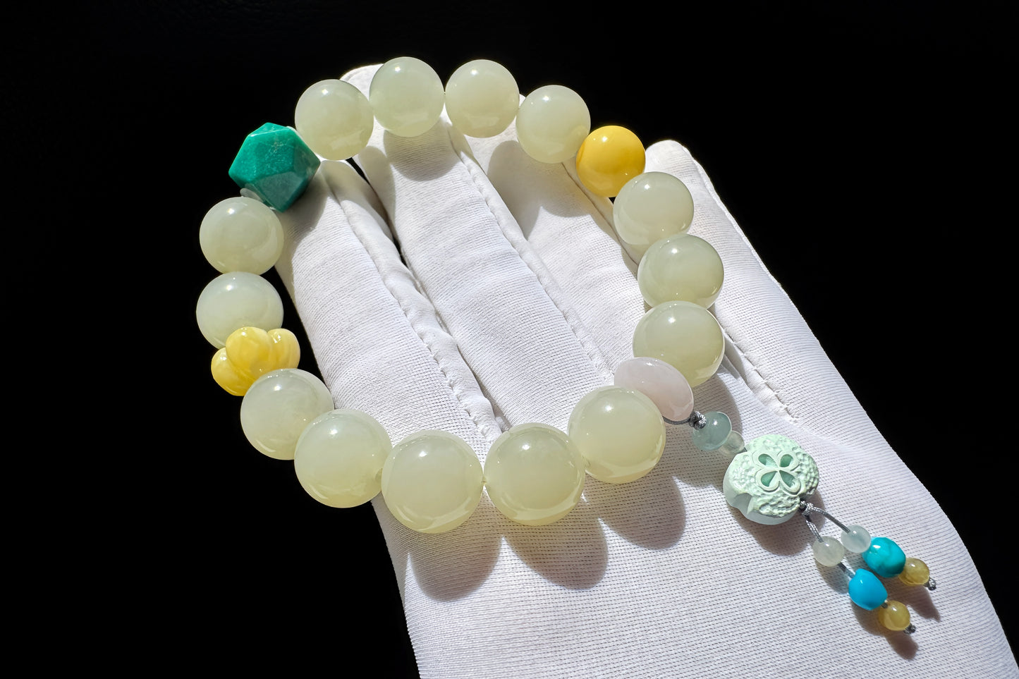 Natural Nephrite Bracelet with Faceted Turquoise, High Grade Nephrite Jade Bracet, Designer Jade Bracelet, 天然奶油晴白和田玉配松石蜜蜡