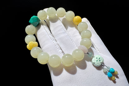Natural Nephrite Bracelet with Faceted Turquoise, High Grade Nephrite Jade Bracet, Designer Jade Bracelet, 天然奶油晴白和田玉配松石蜜蜡