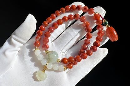 Natural Nanhong Southern Red Agate Design Bracelet, Nanhong Agate Bracelet with Jadeite Jade and White Nephrite, 天然原创南红设计手串搭配乌鸡翡翠和田白玉