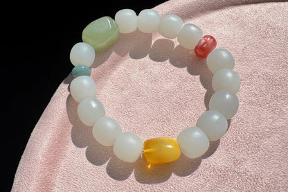 Natural Smokey Gray Hetian Nephrite Bracelet with Faceted Green Nephrite, Nanhong Agate, Blue Jadeite Jade, Nephrite Jade, 天然浅烟灰老型珠+晴水钻切+蓝翡+奶盖南红