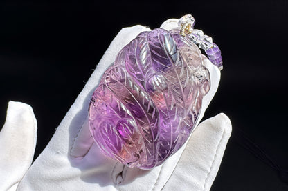 Large Naturual Amethyst Pendant Hand Carved Nine Tailed Fox and Phoenix, Brazilian Amethyst Fox and Phoenix Necklace, 天然巴西紫水晶手工雕刻九尾凤凰吊坠