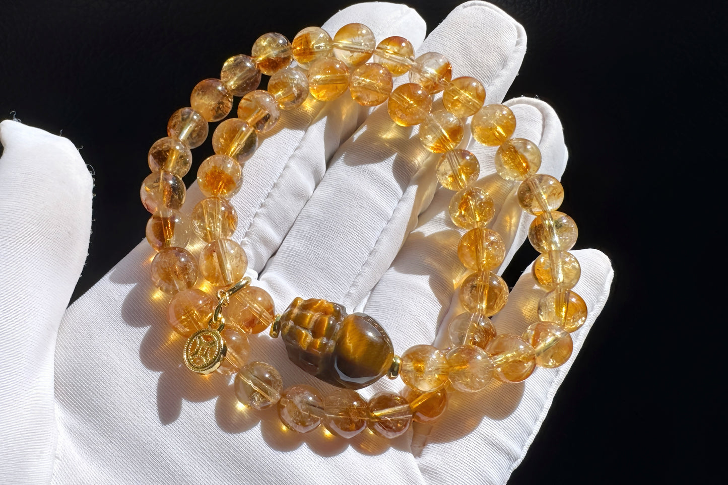 Natural Citrine Bracelet with Tiger’s Eye PiXiu Charm, Untreated Citrine Beads, 天然黄水晶双圈手串配虎眼貔貅