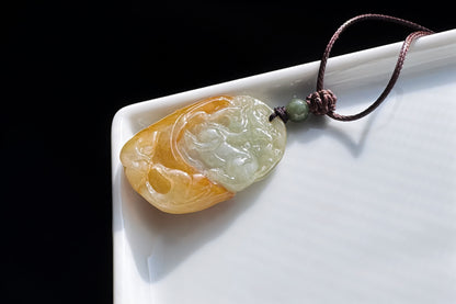 Genuine Grade A Jadeite Jade Hand Carved Kirin Pendant, Natural duo Color Green and Yellow Jade, Double-sides Carving, 天然缅甸A货翡翠老坑双色麒麟吊坠