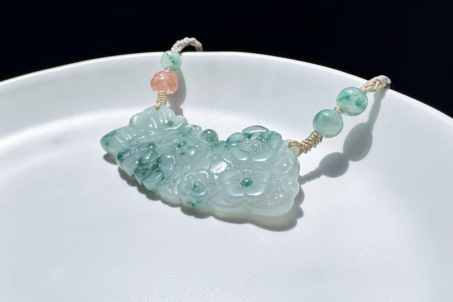 Genuine Grade A Jadeite Jade Necklace, Natural Carved Jade Flower and Butterfly, Handmade Jade Necklace, 天然缅甸A货翡翠锁骨吊坠老坑冰润飘蓝花蝶恋花仿古玉璜