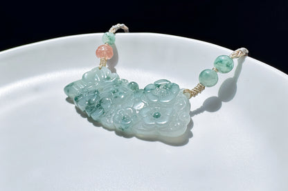 Genuine Grade A Jadeite Jade Necklace, Natural Carved Jade Flower and Butterfly, Handmade Jade Necklace, 天然缅甸A货翡翠锁骨吊坠老坑冰润飘蓝花蝶恋花仿古玉璜