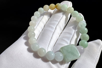 Natural Grade A Jadeite Jade Multi-Colors Bracelet, Jadeite Jade Beaded Bracelet, 天然A货翡翠多彩玉珠手串搭配翡翠无事牌