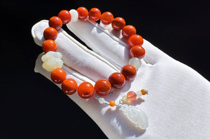 Natural High Grade Nanhong Agate Beaded Bracelet, Bracelet made with Nanhong, Nephrite, jadeite jade, 天然南红玛瑙瓦西锦红圆珠手串搭配和田玉并蒂莲A货翡翠如意