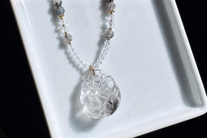 Natural Brookite Silver Rutilated Quartz Hand Carved Nine Tailed Fox Pendant, Silver Rutile Titanium Quartz Fox, 天然黑银钛晶手工精雕九尾狐吊坠
