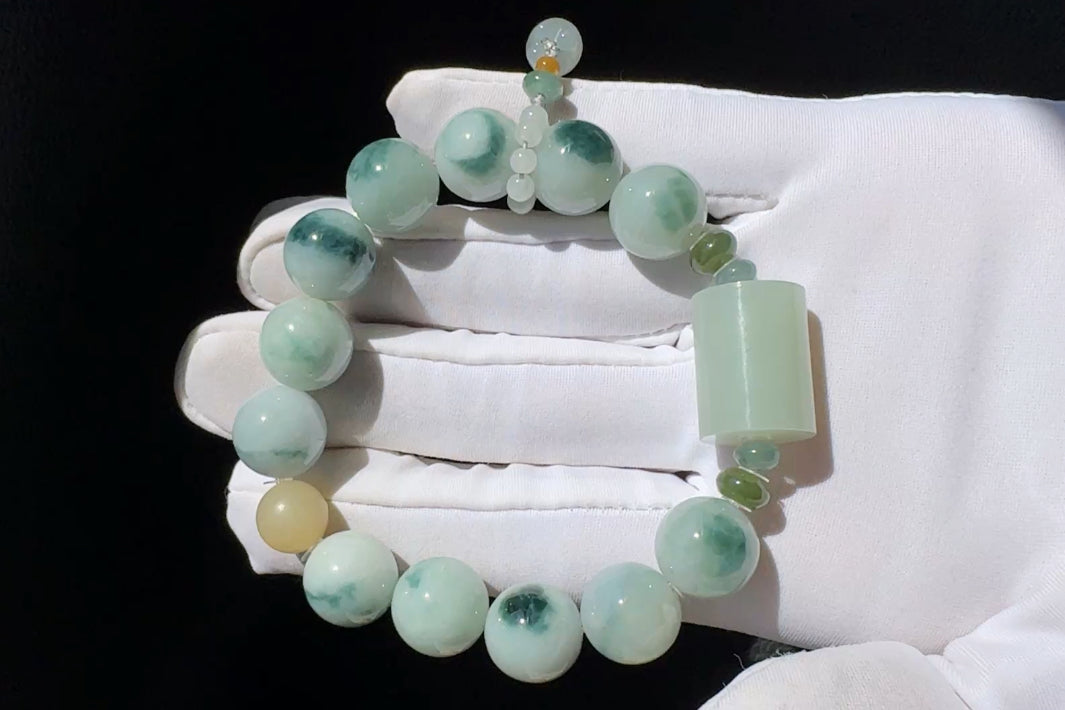 12mm Natural Grade A Jadeite Jade Bracelet with Blue Hetian Nephrite Jade Barrel, Blue Jadeite Jade with floating Blue flowers, 天然缅甸A货糯蓝底飘蓝花翡翠手串配糖玉