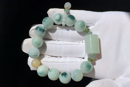 12mm Natural Grade A Jadeite Jade Bracelet with Blue Hetian Nephrite Jade Barrel, Blue Jadeite Jade with floating Blue flowers, 天然缅甸A货糯蓝底飘蓝花翡翠手串配糖玉