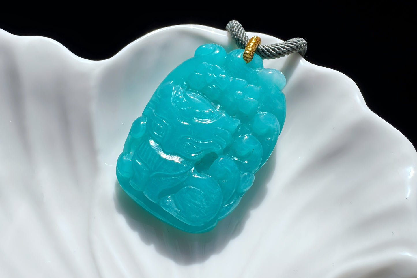 Natural Top Grade Amazonite Hand Carved Nine Tailed Fox and Peony Pendant, 天然精品天河石手工精雕九尾梅花吊坠