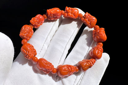 Certified Natural Untreated Nanhong Agate Bracelet, Carved Southern Red Agate PiXiu Bead Bracelet, Nanhong PiXiu, 天然无烤满色满肉凉山南红雕刻貔貅手串