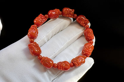 Certified Natural Untreated Nanhong Agate Bracelet, Carved Southern Red Agate PiXiu Bead Bracelet, Nanhong PiXiu, 天然无烤满色满肉凉山南红雕刻貔貅手串