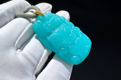 Natural Top Grade Amazonite Hand Carved Nine Tailed Fox and Peony Pendant, 天然精品天河石手工精雕九尾梅花吊坠