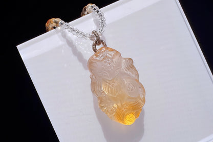 Natural Brazilian Citrine Hand Carved Nine Tailed Fox Pendant, Hand-Carved Golden Citrine Glow • Intricate Hand-Carved Artistry Necklace