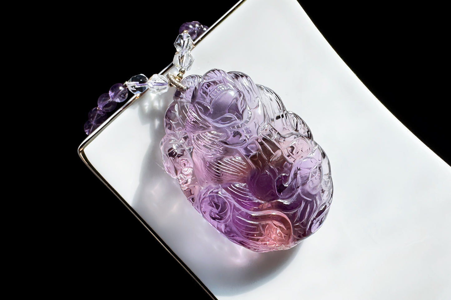 Large Naturual Amethyst Pendant Hand Carved Nine Tailed Fox and Phoenix, Brazilian Amethyst Fox and Phoenix Necklace, 天然巴西紫水晶手工雕刻九尾凤凰吊坠