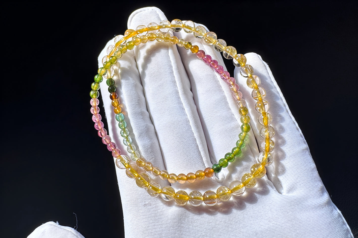 Natural Golden Rutile Quartz Beaded Bracelet with Rainbow Tourmaline, Tourmaline and Gold Rutilated Quartz Bracelet, 天然金发晶配天然碧玺双圈手串