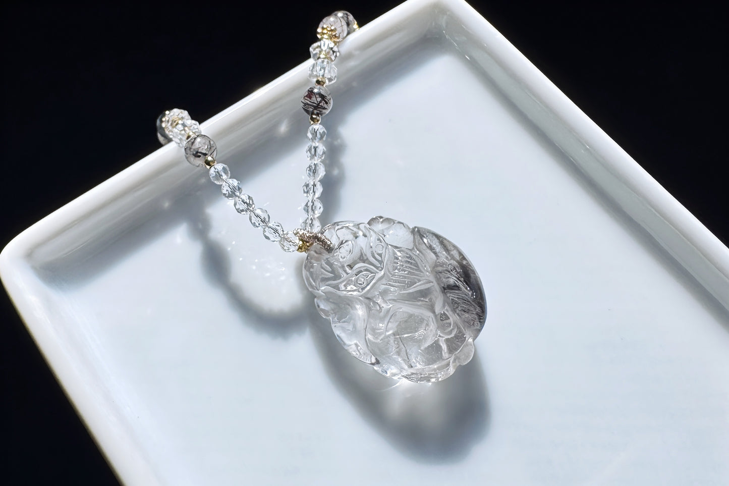 Natural Brookite Silver Rutilated Quartz Hand Carved Nine Tailed Fox Pendant, Silver Rutile Titanium Quartz Fox, 天然黑银钛晶手工精雕九尾狐吊坠