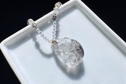 Natural Brookite Silver Rutilated Quartz Hand Carved Nine Tailed Fox Pendant, Silver Rutile Titanium Quartz Fox, 天然黑银钛晶手工精雕九尾狐吊坠