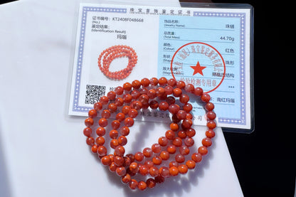 Certified Natural Nanhong Agate Bracelet, Nanhong Bracelet, Untreated Nanhong Agate Beads Jelly Like Texture, 天然南红玛瑙火焰纹圆珠多圈手串