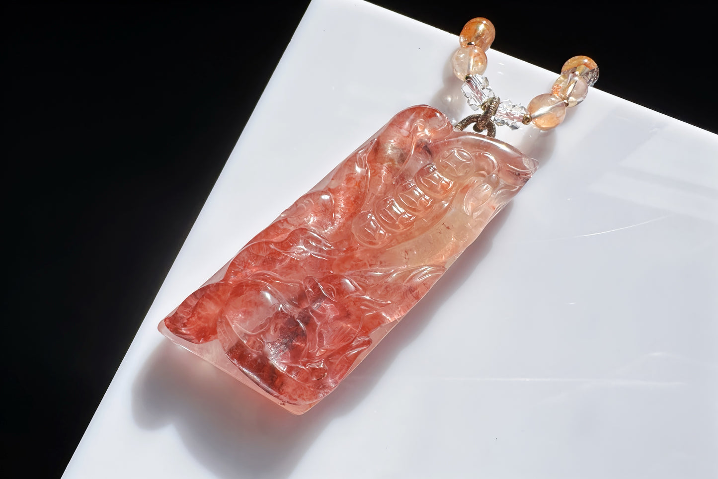 Natural Pink Hematoid Quartz Hand Carved Nine Tailed Fox Pendant, Rare Pink Hematoid Pendant, 天然粉胶花手工精雕九尾狐梅花树吊坠
