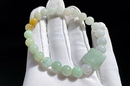 Natural Grade A Jadeite Jade Multi-Colors Bracelet, Jadeite Jade Beaded Bracelet, 天然A货翡翠多彩玉珠手串搭配翡翠无事牌