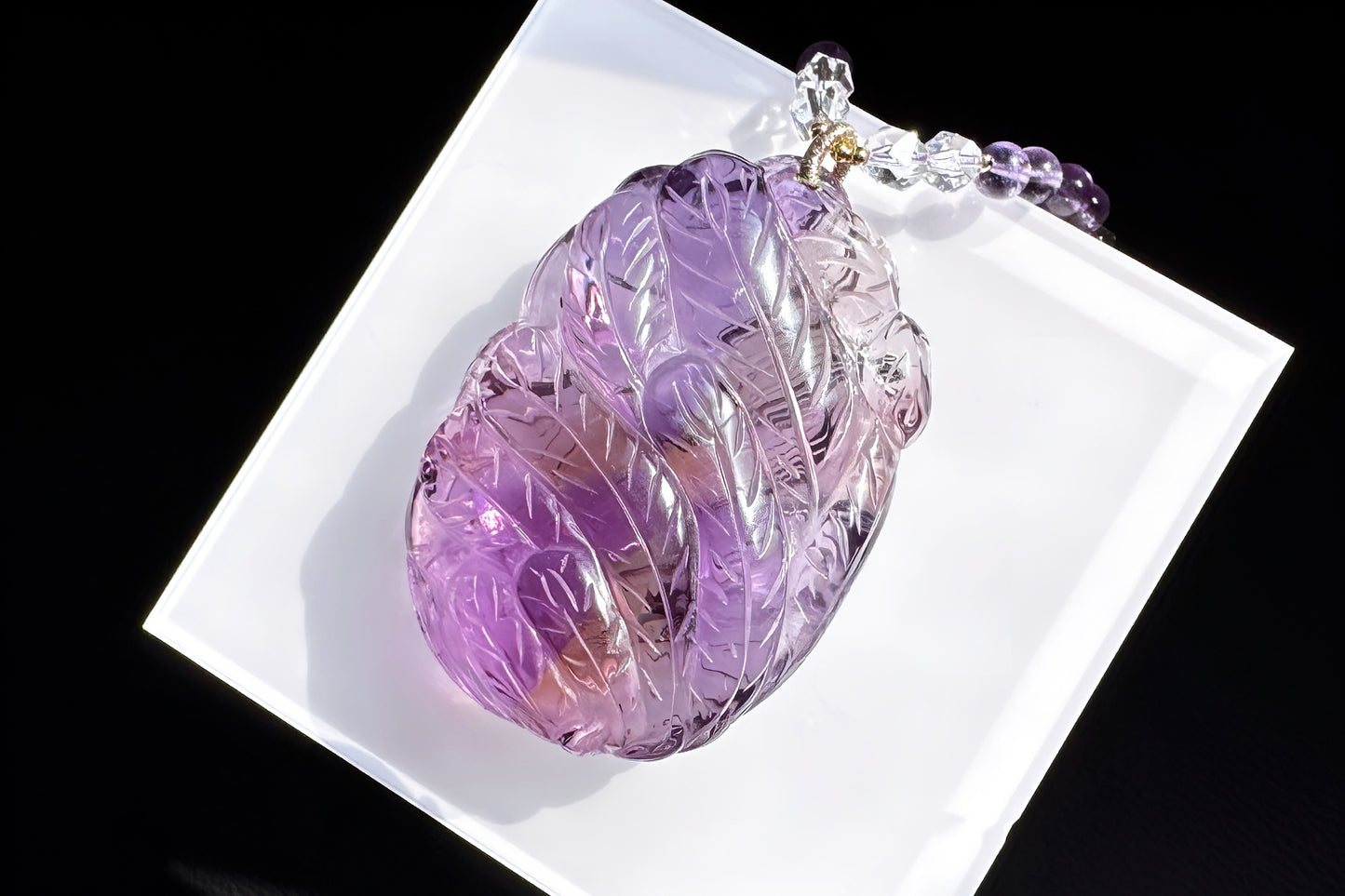 Large Naturual Amethyst Pendant Hand Carved Nine Tailed Fox and Phoenix, Brazilian Amethyst Fox and Phoenix Necklace, 天然巴西紫水晶手工雕刻九尾凤凰吊坠