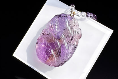 Large Naturual Amethyst Pendant Hand Carved Nine Tailed Fox and Phoenix, Brazilian Amethyst Fox and Phoenix Necklace, 天然巴西紫水晶手工雕刻九尾凤凰吊坠