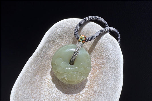 Natural Green Nephrite Hand Carved Peony Donut Pendant, Carved Nephrite Jade Peace Buckle Necklace，天然手雕牡丹花玉平安扣吊坠
