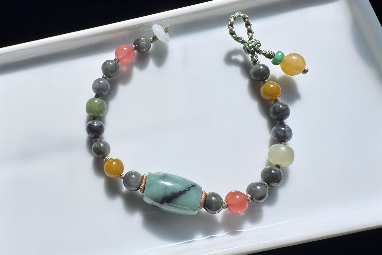 Natural Black and White Jadeite Jade Beads Bracelet, Hand Braided Black Jade Bracelet with Nanhong and Nephrite Beads, 保真天然缅甸A货翡翠飘绿乌鸡料手链