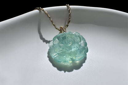 Certified Natural Green Aquamarine Carved Flower Pendant, Green Beryl with Mica inclusions, March Birthstone, 天然绿色海蓝宝雕刻花花吊坠