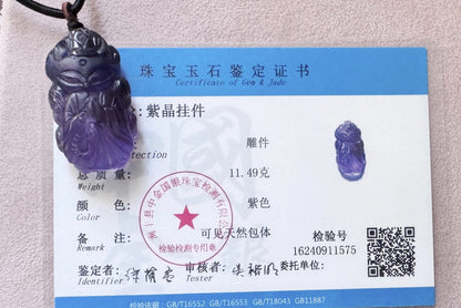 Certified Top Grade Natural Brazilian Amethyst Hand Carved Fox Spirit Pendant, Deep Purple Amethyst Fox Necklace, 天然浓郁巴西紫水晶手工精雕狐仙吊坠