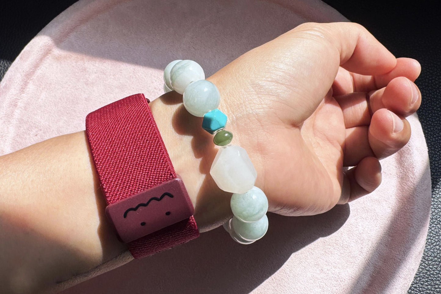 12mm Natural Grade A Jadeite Jade Bracelet with Mutton Fat Nephrite Jade, Blue Turquoise, Blue Jadeite Jade, 天然缅甸A货蓝底绿花翡翠细糯种手串羊脂白玉绿松